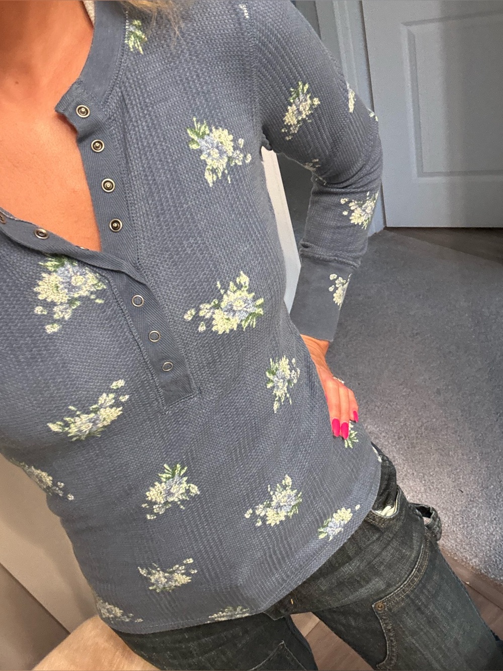aerie Blue Floral Henley Waffle Knit Top